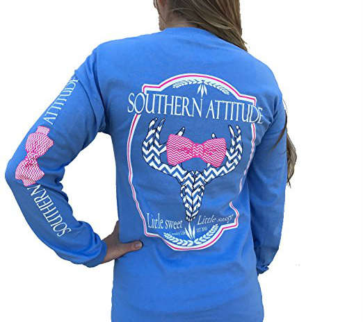 Southern Attitude Sassy Chevron Deer Skull Carolina Blue Long Sleeve Shirt