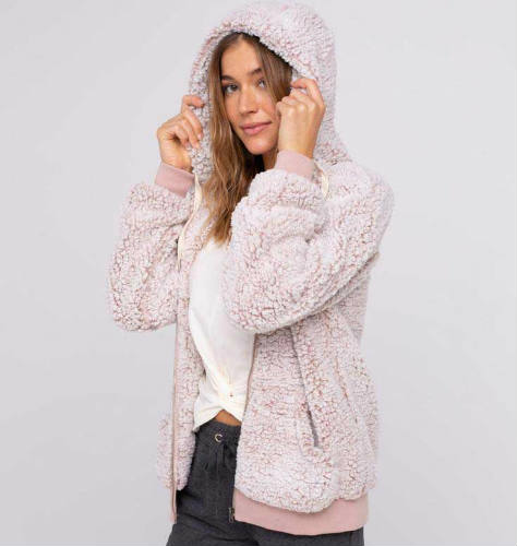 Thread and Supply Stowe Hooded Frosty Tipped Sherpa Full Zip Jacket in Smoke Rose