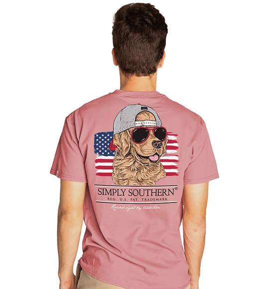 Simply Southern Men T-Shirt - Dog In Sunglasses And Cap - USA Flag
