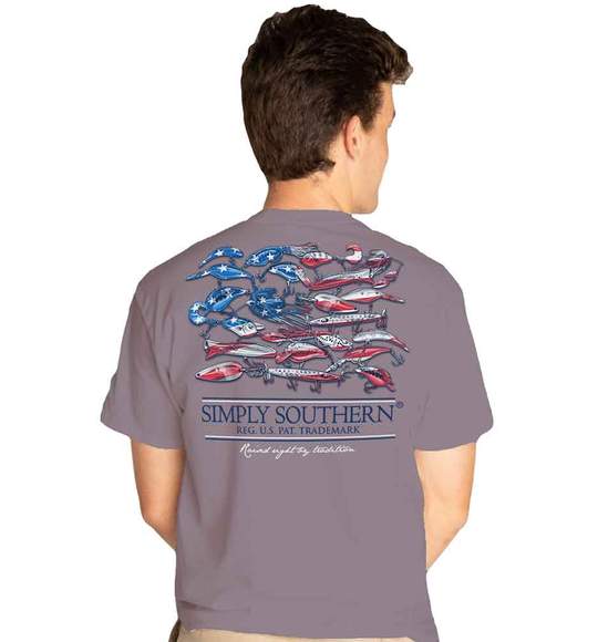 Simply Southern Men T-Shirt - Fishing Lure - USA Flag - Grey Plum