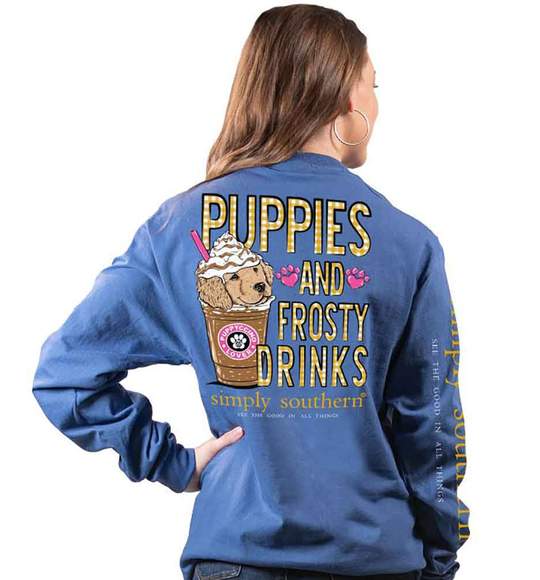 Simply Southern Women Long Sleeve T-Shirt - Puppies Dog Frosty Drinks - Blue Moonrise
