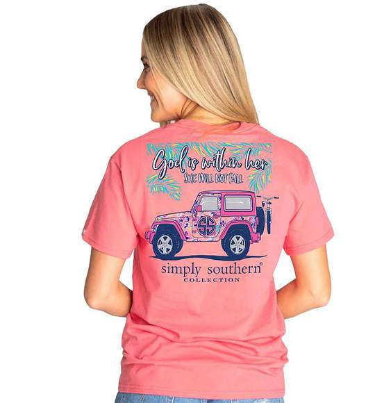 Simply Southern Women T-Shirt - God Is Within Her - Jeep - Color Begonia