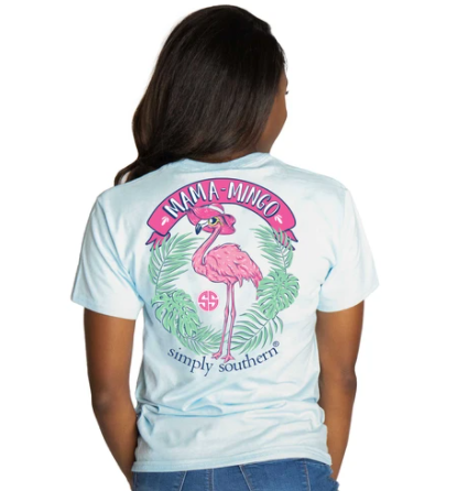 Simply Southern Women T-Shirt - Mama Mingo Pink Flamingo - Ice Blue
