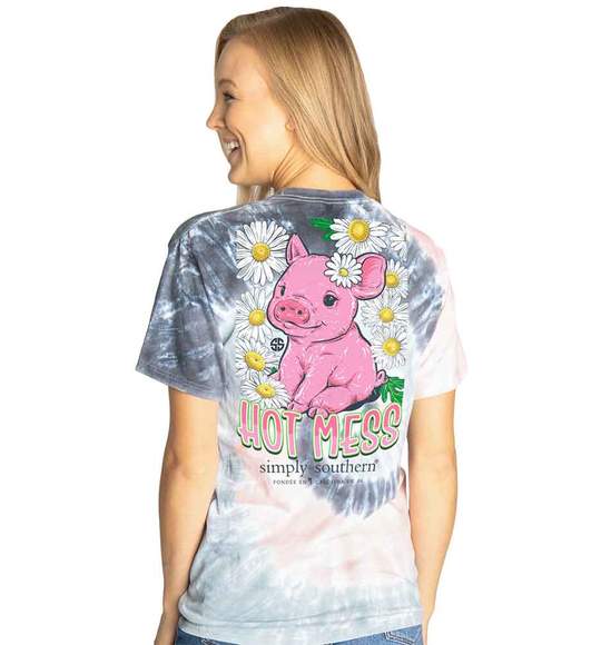 Simply Southern Women T-Shirt - Pig - Hot Mess - Flower Pastel
