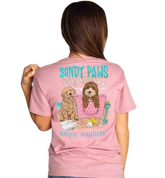 Simply Southern Women T-Shirt - Puppy Dogs Sandy Paws Salty Kisses - Beach - Pink Rose