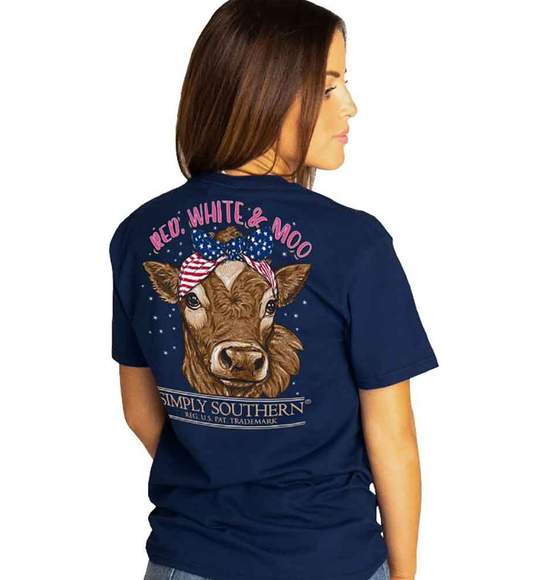Simply Southern Women T-Shirt - Red White Moo - USA Flag - Cow - Navy