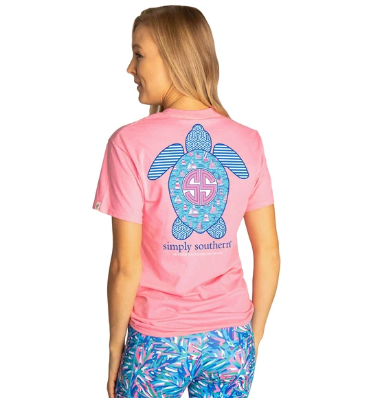 Simply Southern Women T-Shirt - Save The Turtles - Boats Flamingo
