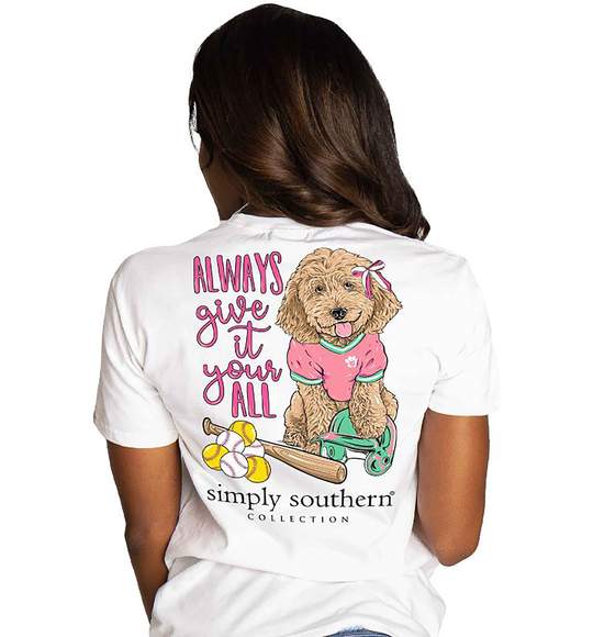 Simply Southern Women T-Shirt - Softball Dog - Always Give It Your All