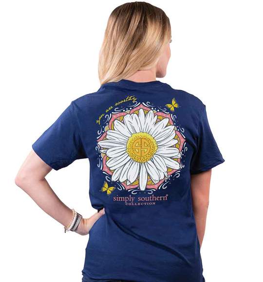 Simply Southern Women T-Shirt - Sunflower - You Are Worthy - Blue Midnight