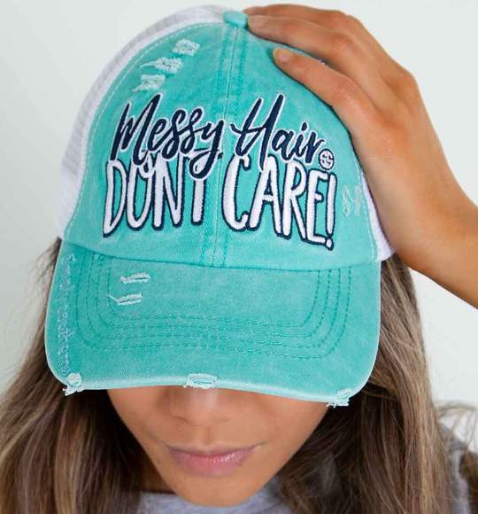 Simply Southern Women Trucker Hat Cap - Messy Hair Don't Care - Teal Color