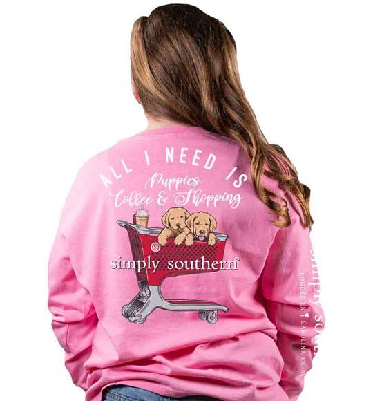 Simply Southern Youth Long Sleeve T-Shirt - Need Puppies Dog Coffee Shopping