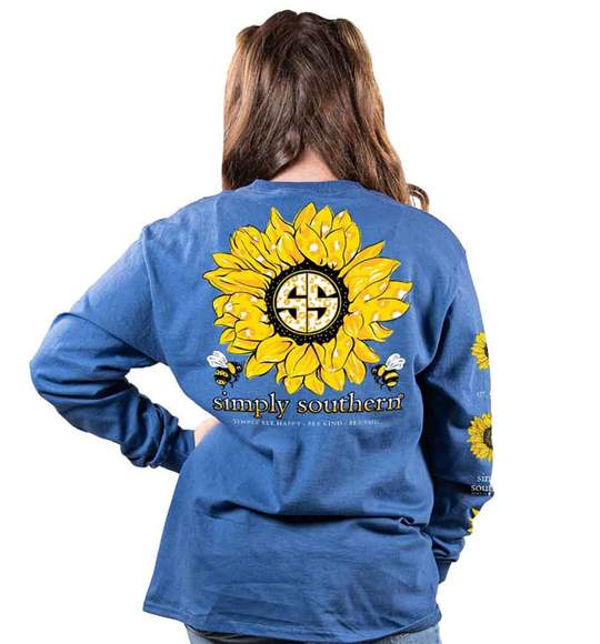 Simply Southern Youth Long Sleeve T-Shirt - Sunflower Bees - Blue Moonrise