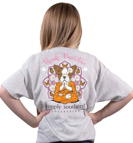 Simply Southern Youth T-Shirt - Dog Think Pawsitive - Butterflies Flowers - Ash