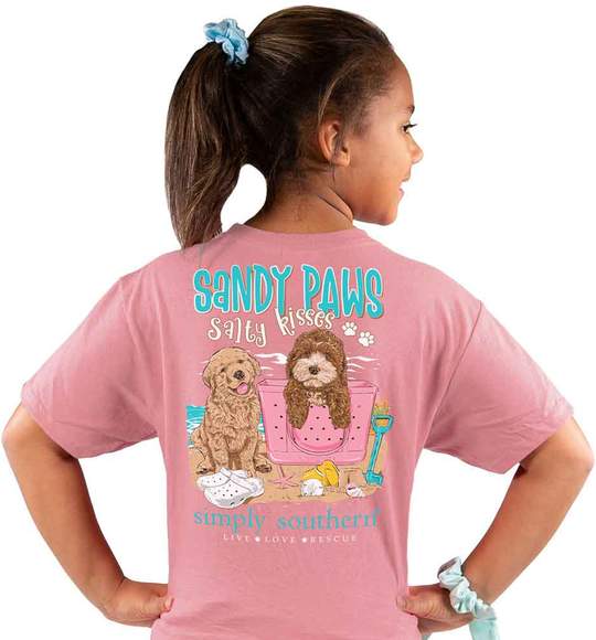 Simply Southern Youth T-Shirt - Puppy Dogs Sandy Paws Salty Kisses - Beach - Pink Rose