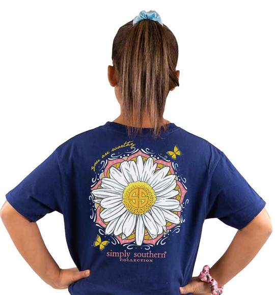 Simply Southern Youth T-Shirt - Sunflower - You Are Worthy - Blue Midnight