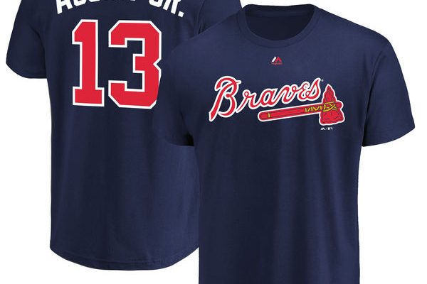 Ronald Acuña Jr 13 Atlanta Braves Majestic Official Name & Number Navy T-Shirt