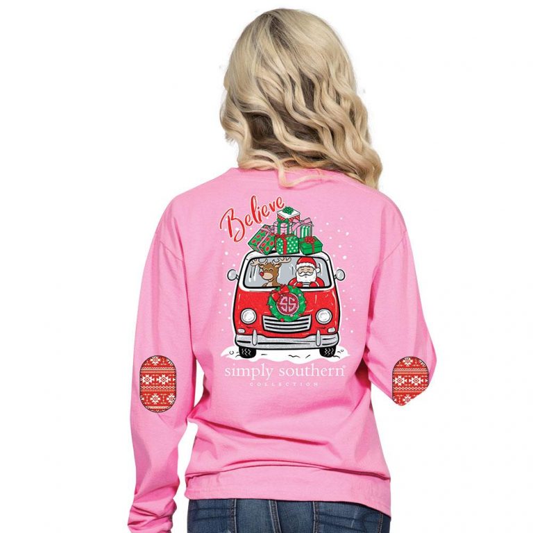 Simply Southern Christmas Shirts Santa Believe Women Pink Long Sleeve