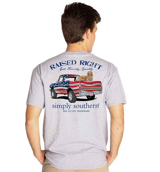 Simply Southern Men T-Shirt - Dog Truck USA Flag - Raised Right - Heather Grey