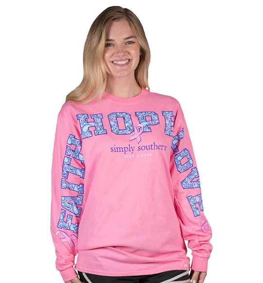 Simply Southern Women Long Sleeve Jersey T-Shirt - Hope Faith Love - Cancer Ribbon