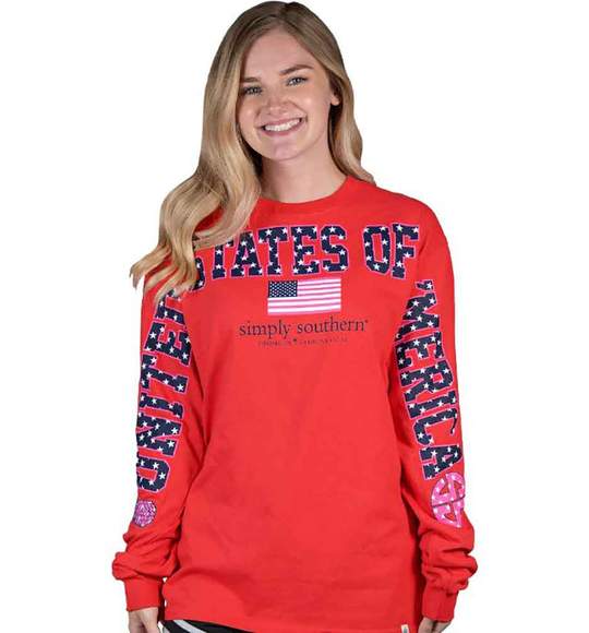 Simply Southern Women Long Sleeve Jersey T-Shirt - USA Flag - Red