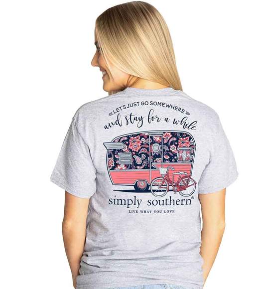 Simply Southern Women T-Shirt - Camper Trailer - Stay For A While - Grey