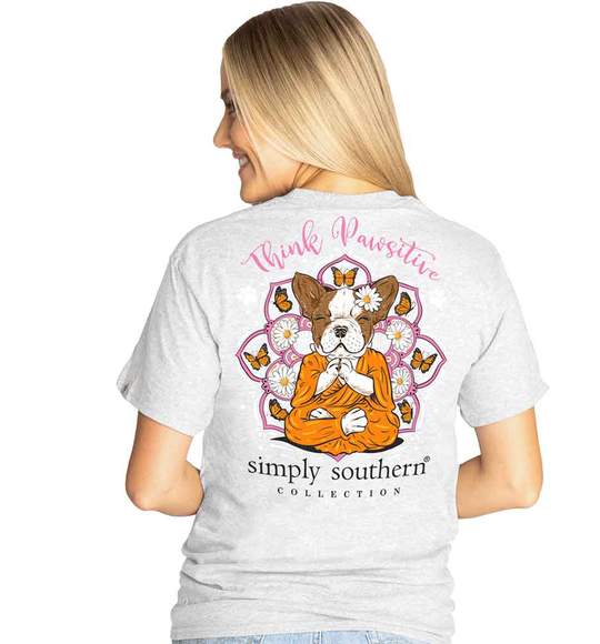 Simply Southern Women T-Shirt - Dog Think Pawsitive - Butterflies Flowers - Ash