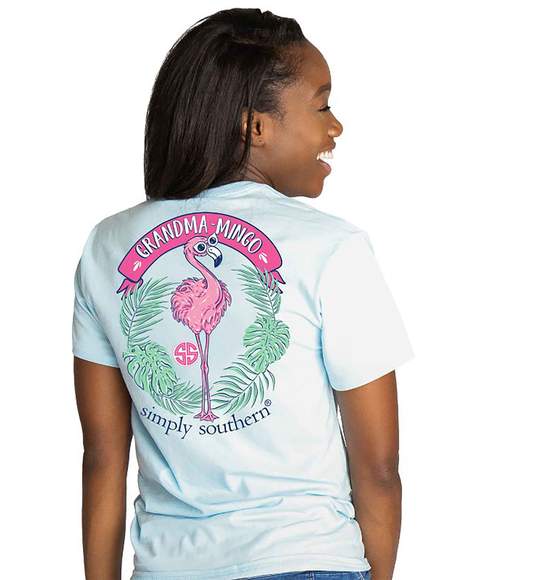 Simply Southern Women T-Shirt - Grandma Mingo Flamingo - Ice Blue