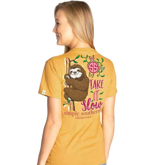 Simply Southern Women T-Shirt - Sloth Take It Slow - Yellow Mustard