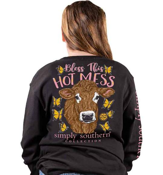 Simply Southern Youth Long Sleeve T-Shirt - Cow Bless This Hot Mess - Black