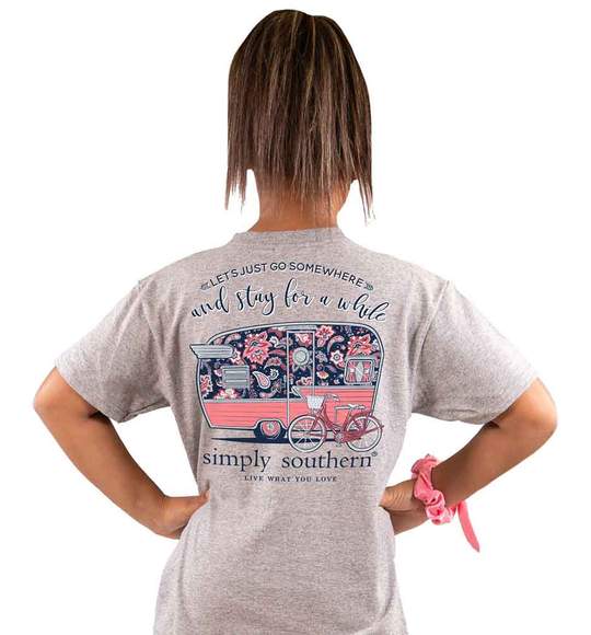Simply Southern Youth T-Shirt - Camper Trailer - Stay For A While - Grey