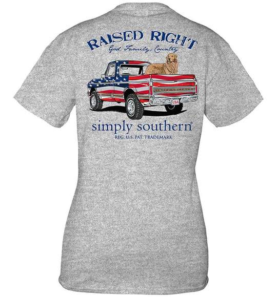 Simply Southern Youth T-Shirt - Dog Truck USA Flag - Raised Right - Heather Grey