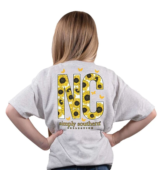 Simply Southern Youth T-Shirt - North Carolina - Flower Design - Ash