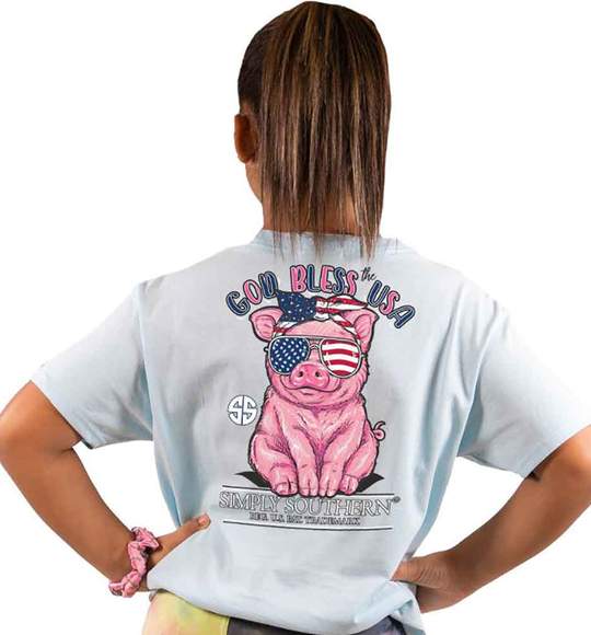 Simply Southern Youth T-Shirt - USA Flag - Pig In Sunglasses - God Bless USA